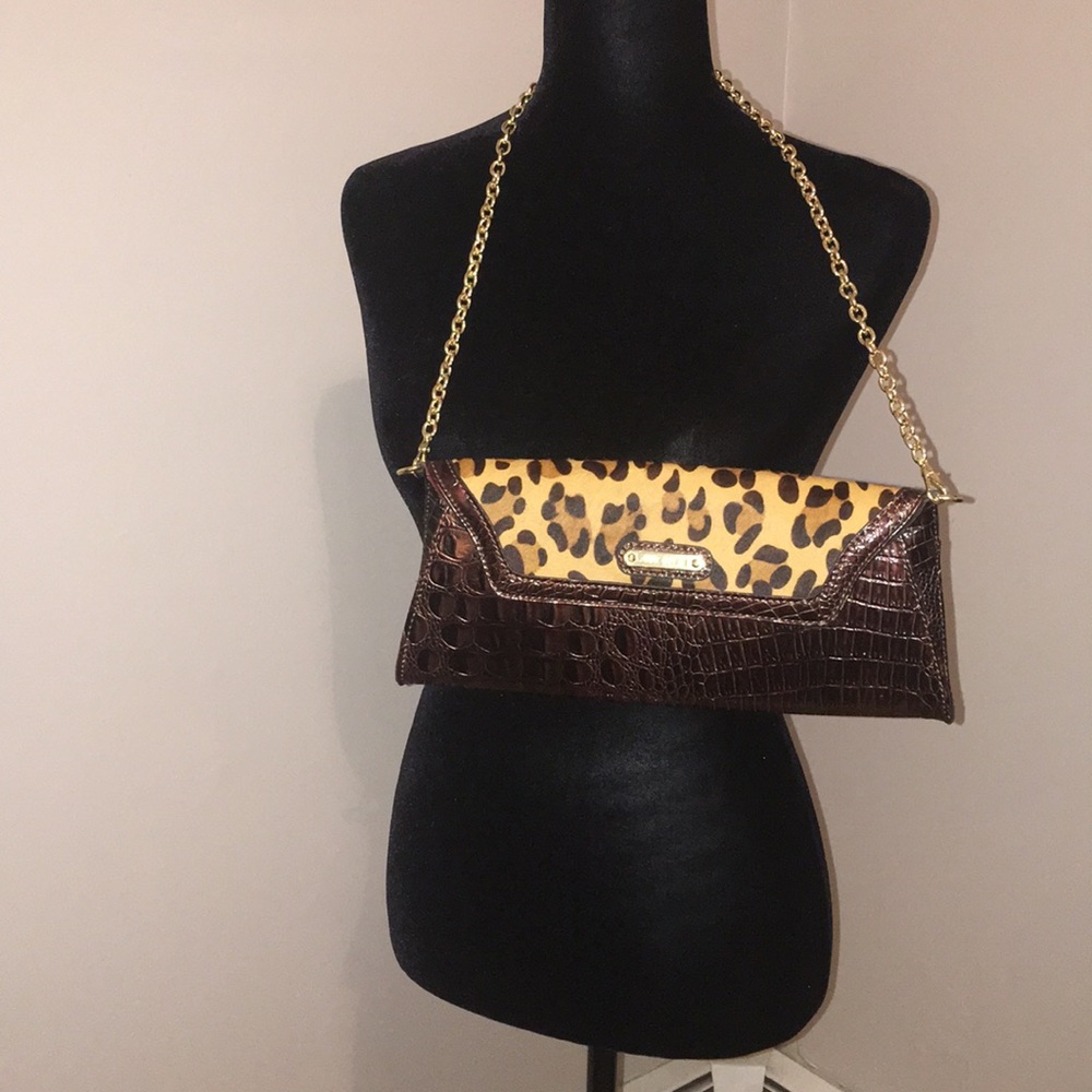 Anne Klein leopard print calf hair clutch purse